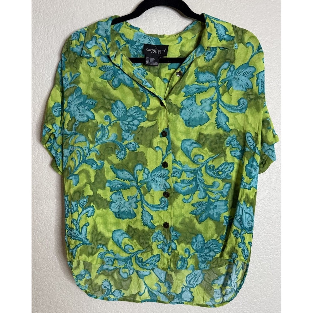 Vintage Carole Little Womens Large‎ Colorful Floral Button Up Blouse Top Resort